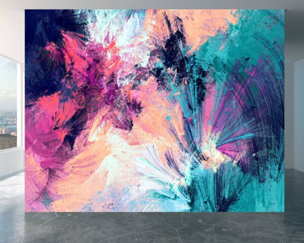 Artistic wall mural featuring vibrant ink splashes