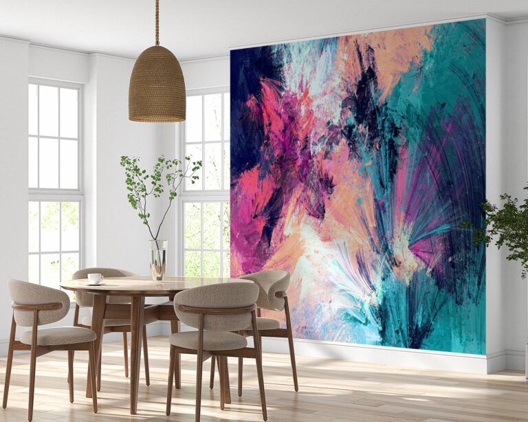 Artistic wall mural featuring vibrant ink splashes