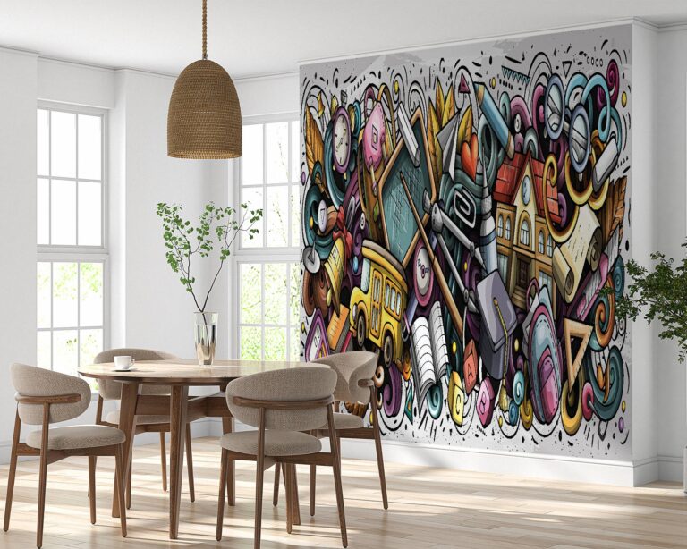 Living room adorned with colorful graffiti symbols