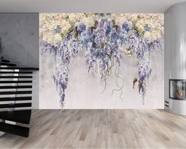 Living room wall adorned with elegant lilac flower design.