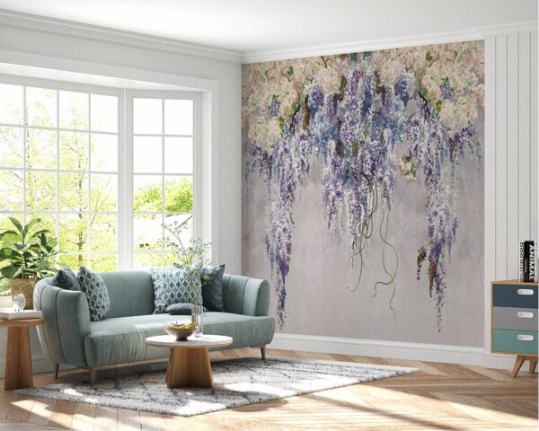 Waterproof living room wallpaper with lilac blossom patterns.