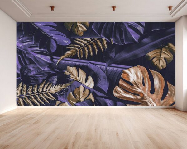 Gold and Purple Monstera Wallpaper Photo Wall Mural Wall UV Print Decal Wall Art Décor