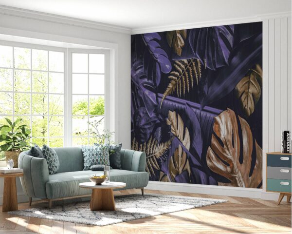 Close-up of bold purple monstera patterns on wall mural.