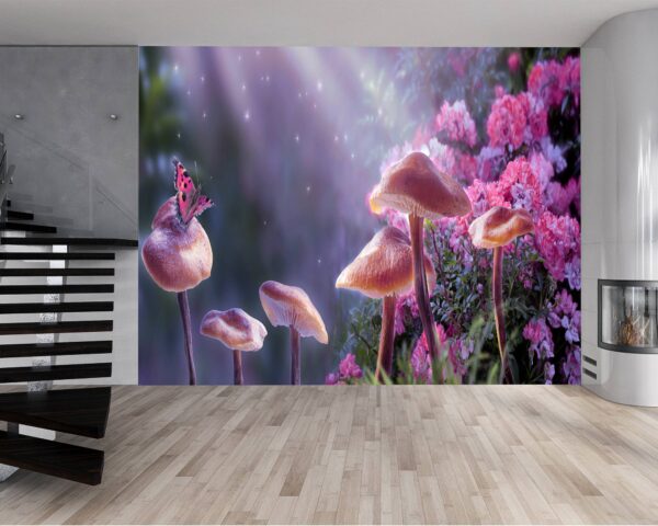 Close-up of dreamy fantasy mushrooms on wall mural.