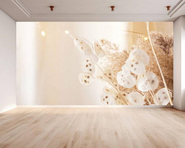 Close-up of soft, feathery pampas grass patterns on wallpaper.