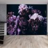 Elegant violet peonies design on bedroom wallpaper.