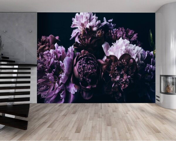 Elegant violet peonies design on bedroom wallpaper.