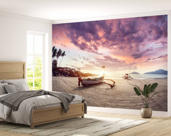 Fisherman Boat on the Tropical Beach Wallpaper Photo Wall Mural Wall UV Print Decal Wall Art Décor