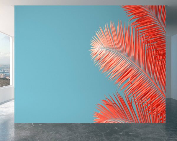 Vibrant coral palm design on office wall mural.