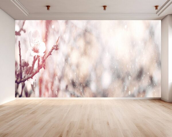 Waterproof bedroom wallpaper with delicate white cherry blossom patterns.