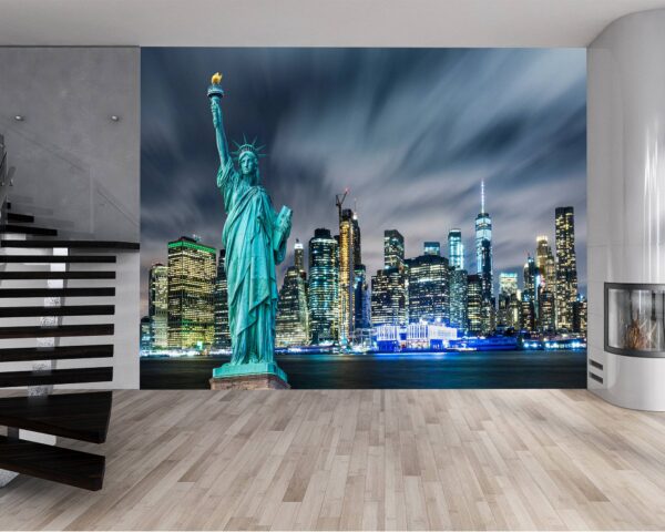 NYC night skyline mural perfect for modern-themed living rooms and offices