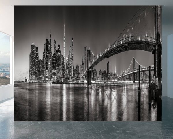 Panoramic view of NYC bridges at night captured on vinyl mural