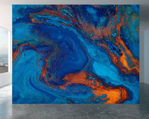 Blue and Orange Wallpaper - Peel and Stick Wallpaper, Office Wallpaper for Wall, Marble Wall Design, Wall Decoration, Removable Wallpaper