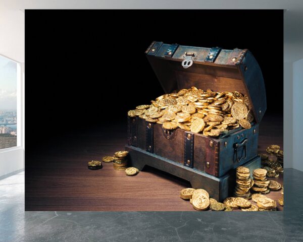 Overflowing treasure chest with golden coins on the wallpaper mural.