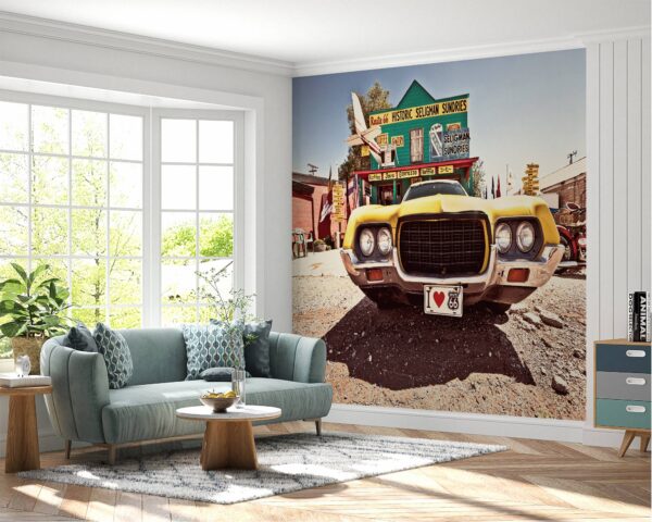 Office room adorned with muscle car mural