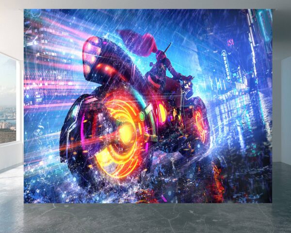 Mystical fantasy motorcycle design on peel and stick wallpaper