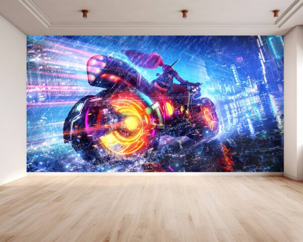 Bedroom adorned with fantasy motorcycle mural