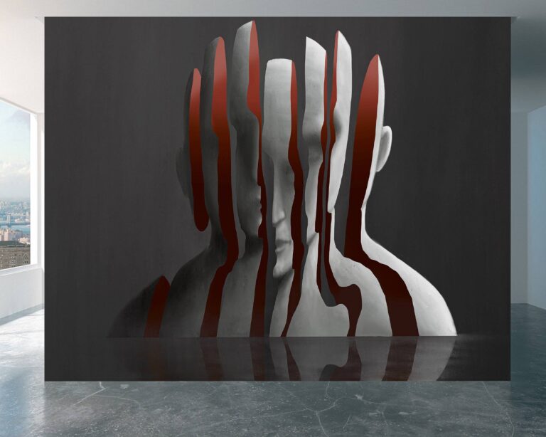 Wall mural showcasing an abstract human head on grey