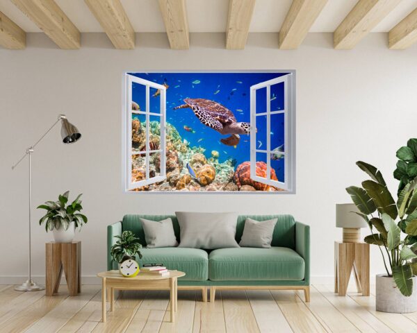 Sea Turtle Underwater Effect Peel and Stick Wall Sticker Art Wall Decal Mural - Colorful Living Room and Bedroom Wall Decoration - Self-Adhesive Vinyl Decal