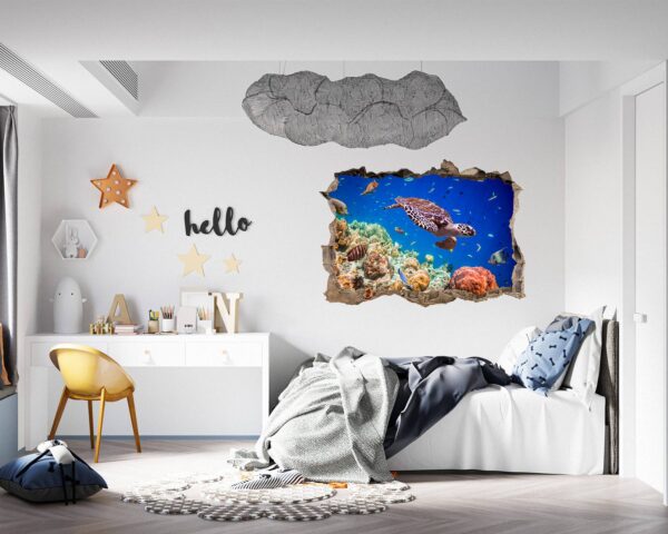 Sea Turtle Underwater Effect Peel and Stick Wall Sticker Art Wall Decal Mural - Colorful Living Room and Bedroom Wall Decoration - Self-Adhesive Vinyl Decal