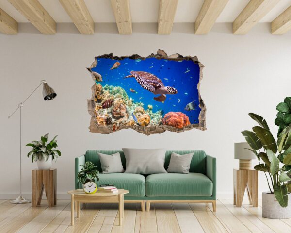 Sea Turtle Underwater Effect Peel and Stick Wall Sticker Art Wall Decal Mural - Colorful Living Room and Bedroom Wall Decoration - Self-Adhesive Vinyl Decal