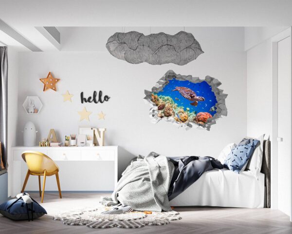 Sea Turtle Underwater Effect Peel and Stick Wall Sticker Art Wall Decal Mural - Colorful Living Room and Bedroom Wall Decoration - Self-Adhesive Vinyl Decal