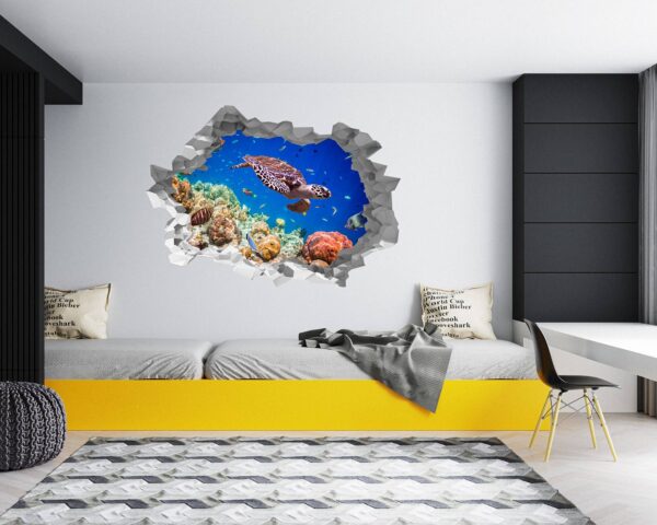 Sea Turtle Underwater Effect Peel and Stick Wall Sticker Art Wall Decal Mural - Colorful Living Room and Bedroom Wall Decoration - Self-Adhesive Vinyl Decal