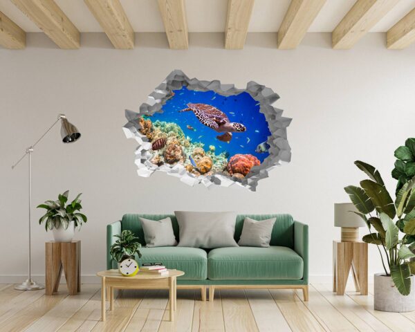 Sea Turtle Underwater Effect Peel and Stick Wall Sticker Art Wall Decal Mural - Colorful Living Room and Bedroom Wall Decoration - Self-Adhesive Vinyl Decal