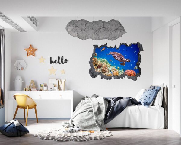 Sea Turtle Underwater Effect Peel and Stick Wall Sticker Art Wall Decal Mural - Colorful Living Room and Bedroom Wall Decoration - Self-Adhesive Vinyl Decal