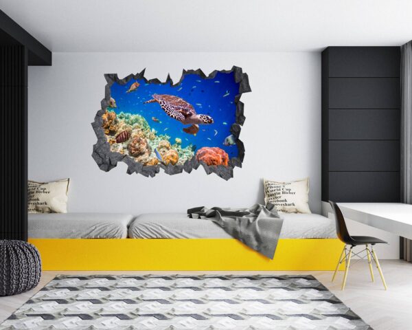 Sea Turtle Underwater Effect Peel and Stick Wall Sticker Art Wall Decal Mural - Colorful Living Room and Bedroom Wall Decoration - Self-Adhesive Vinyl Decal