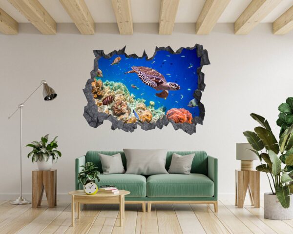 Sea Turtle Underwater Effect Peel and Stick Wall Sticker Art Wall Decal Mural - Colorful Living Room and Bedroom Wall Decoration - Self-Adhesive Vinyl Decal