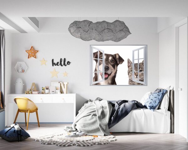 Dog and Cat Wall Art - Self Adhesive Wall Decal, Animal Wall Decal, Bedroom Wall Sticker, Removable Vinyl, Wall Decoration