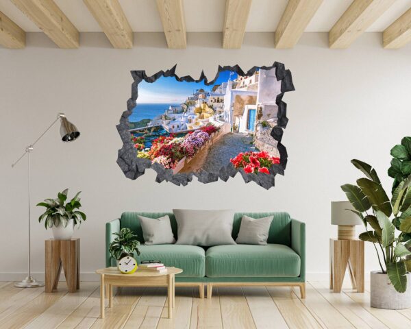 Santorini Wall Sticker - Self Adhesive Wall Sticker, City Landscape Art, Wall Decoration, Removable Vinyl, Easy To Install