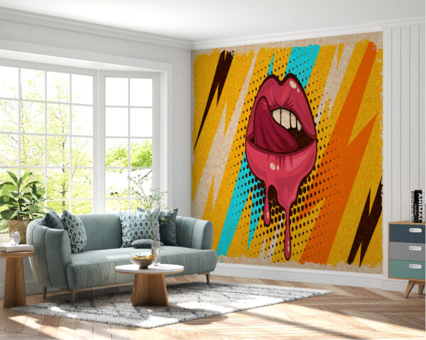 Detailed View of Pop Art Mouth and Vivid Colors in Mural