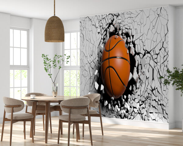 Bedroom Mural with 3D Basketball Bursting Through Wall Scene