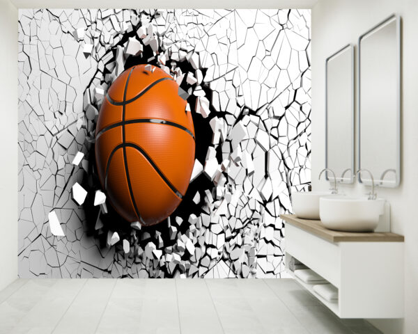 Wall Mural with Basketball and Cracked Wall for Office or Game Room