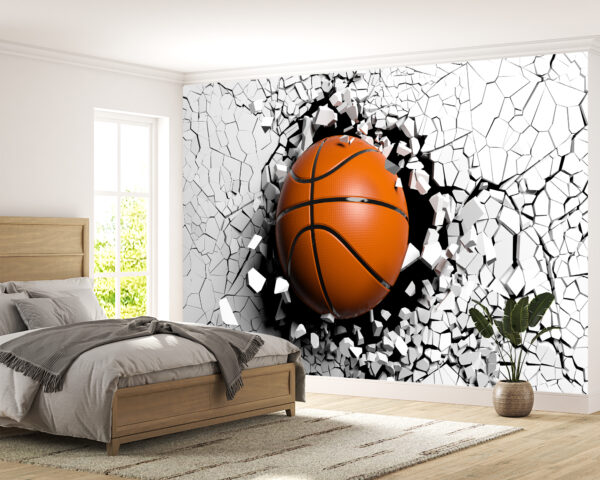 Basketball in Cracked Wall Wall Mural Wallpaper Close-Up