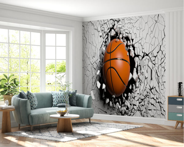 Detailed View of Basketball in Cracked Wall Mural