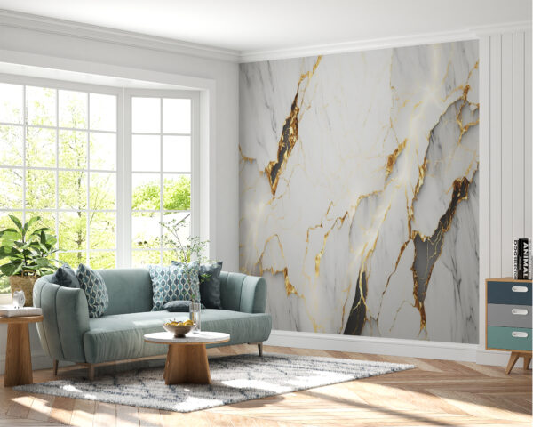 Detailed View of White Marble Veining in Wall Mural