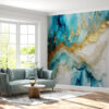 Living Room Mural with Elegant Light Blue and White Marble Patterns