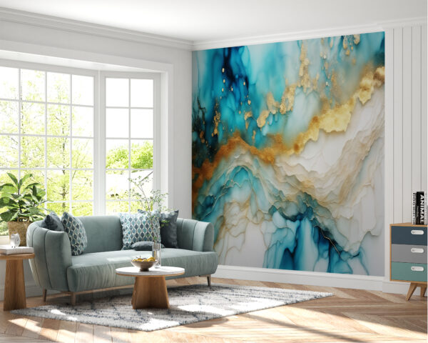 Living Room Mural with Elegant Light Blue and White Marble Patterns