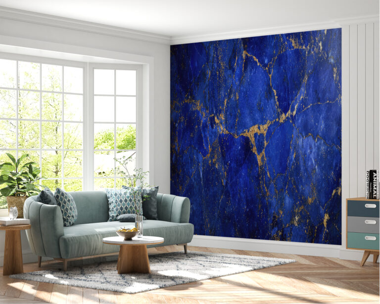 Detailed View of Deep Blue Marble Veining and Texture in Wall Mural