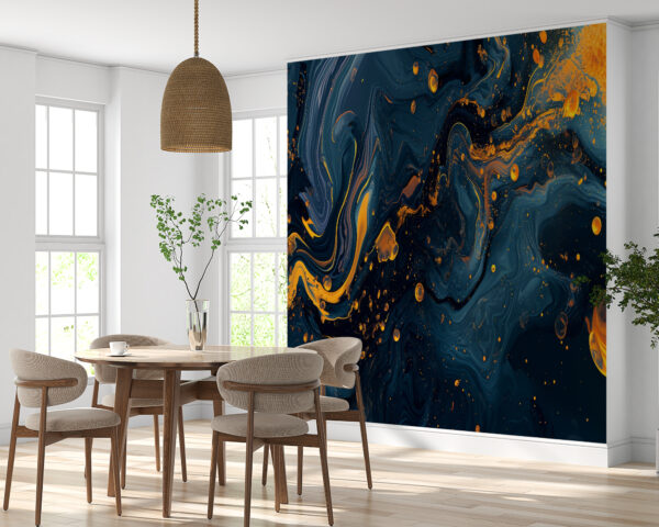 Bedroom Mural with Rich Dark Blue Marble and Yellow Veining