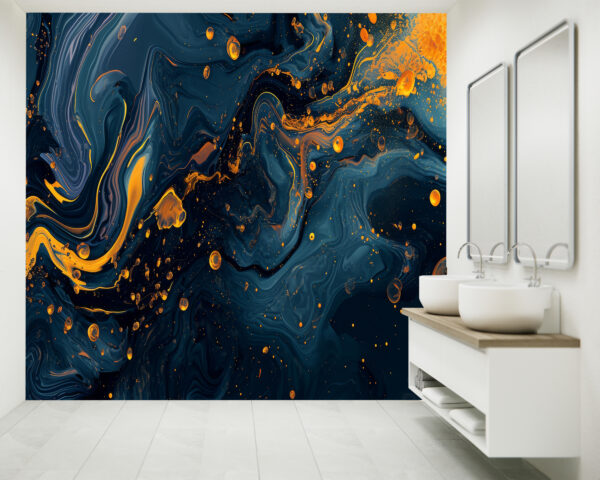 Self-Adhesive Dark Blue & Yellow Marble Wallpaper in Living Room