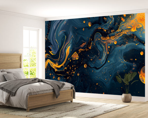 Wall Mural with Bold Blue and Yellow Marble Design for Office or Bedroom