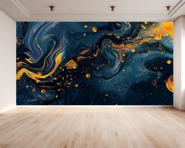 Bedroom Mural with Rich Dark Blue Marble and Yellow Veining