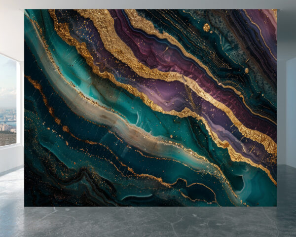 Wall Mural with Green, Violet, and Gold Marble for Office or Bedroom