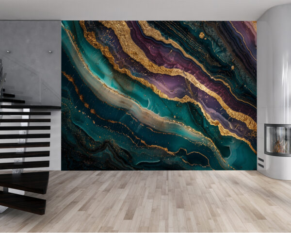 Peel & Stick Green, Violet, and Gold Marble Design Wall Mural with Textured Finish