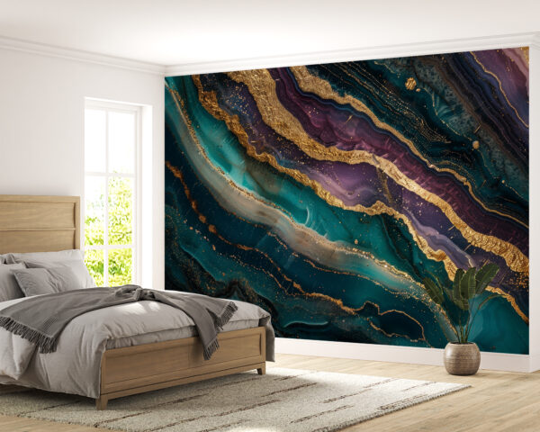 Detailed View of Green, Violet, and Gold Marble Swirls and Veining