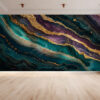 Living Room Mural with Elegant Green, Violet, and Gold Marble Patterns